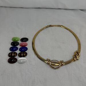 Vintage Gold Tone Interchangeable Stone Necklace Two Pendants And 10 Stones